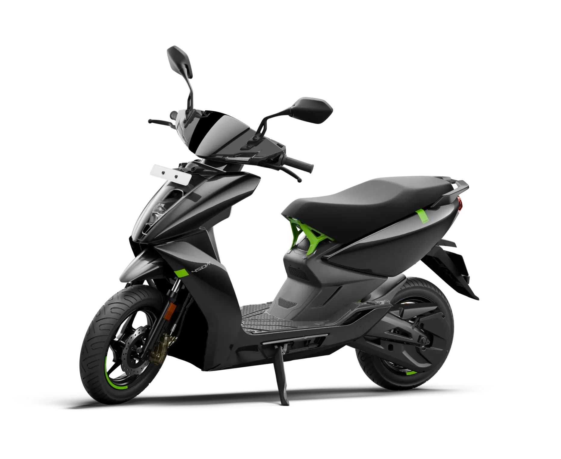 An Ather 450X electric scooter in dark grey with green accents, front three-quarter view