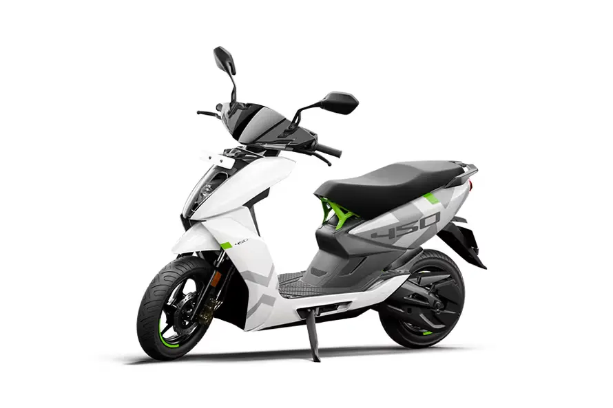 An Ather 450X electric scooter in white, side profile