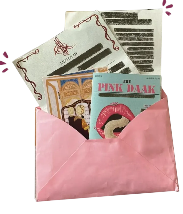 A pink envelope holding the first issue of The Pink Daak zine, printed letters and illustrated cards